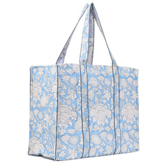 FROSTY SKY HAND BLOCK COTTON PRINTED QUILTED TOTE BAG