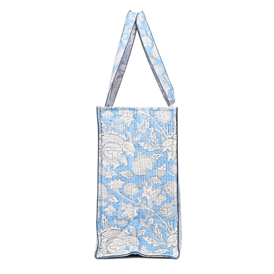FROSTY SKY HAND BLOCK COTTON PRINTED QUILTED TOTE BAG
