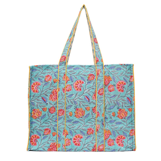 ISLAND BLOOM HAND BLOCK COTTON PRINTED QUILTED TOTE BAG