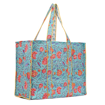 ISLAND BLOOM HAND BLOCK COTTON PRINTED QUILTED TOTE BAG