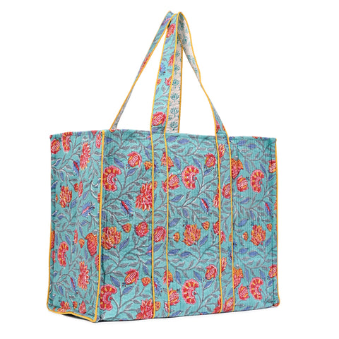 ISLAND BLOOM HAND BLOCK COTTON PRINTED QUILTED TOTE BAG