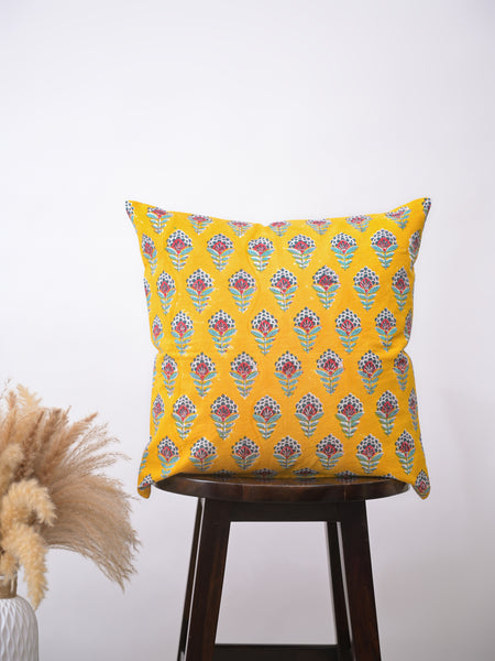 ZEUS FLORAL - COTTON  PRINTED YELLOW SQUARE CUSHION COVER