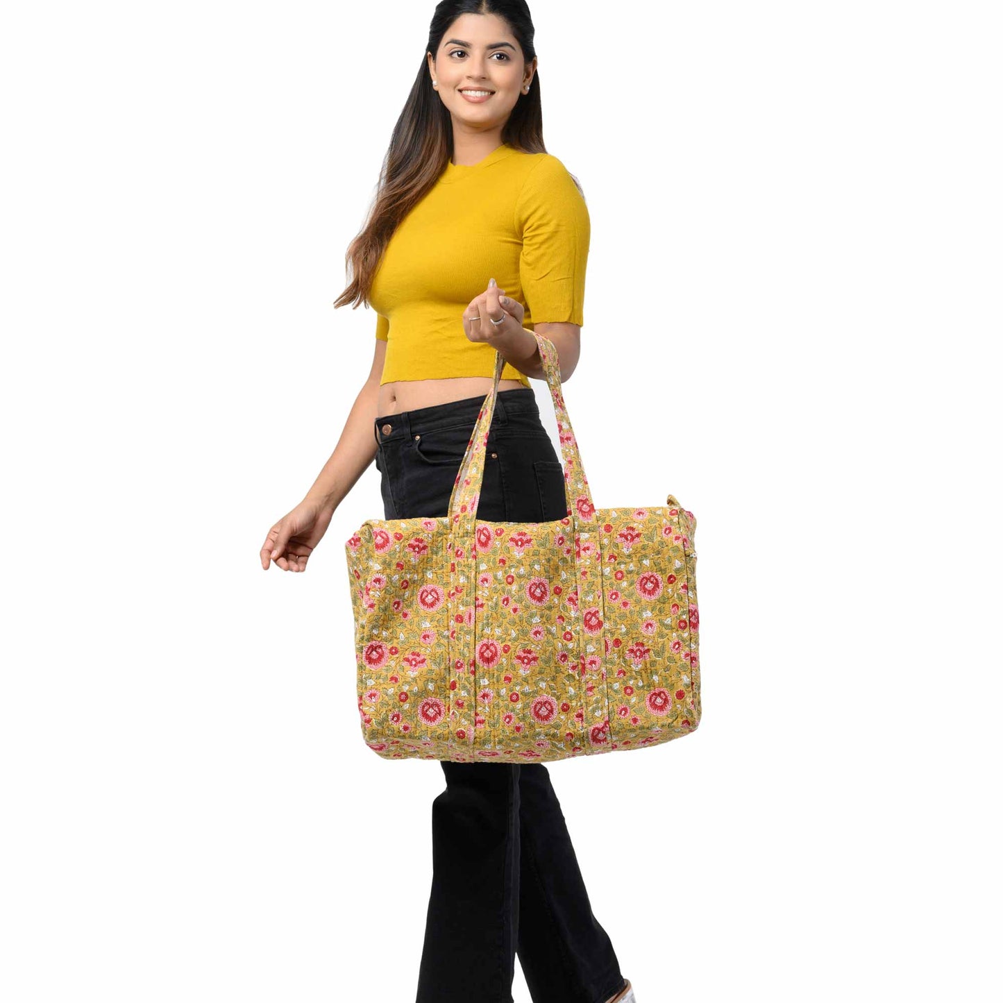BASANT FLOWER HAND BLOCK PRINTED QUILTED TRAVEL DUFFLE BAG BIG