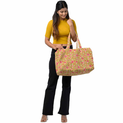 BASANT FLOWER HAND BLOCK PRINTED QUILTED TRAVEL DUFFLE BAG BIG