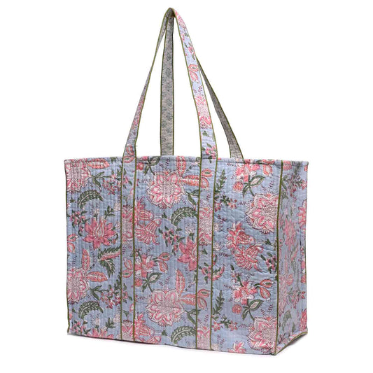 GARLAND HAND BLOCK PRINTED BLUE QUILTED TOTE BAG