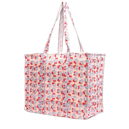 HONEY BEE PEACH HAND BLOCK COTTON PRINTED QUILTED TOTE BAG