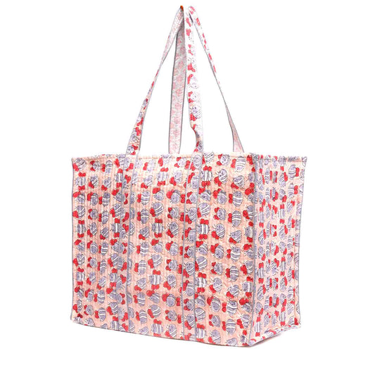 HONEY BEE PEACH HAND BLOCK COTTON PRINTED QUILTED TOTE BAG