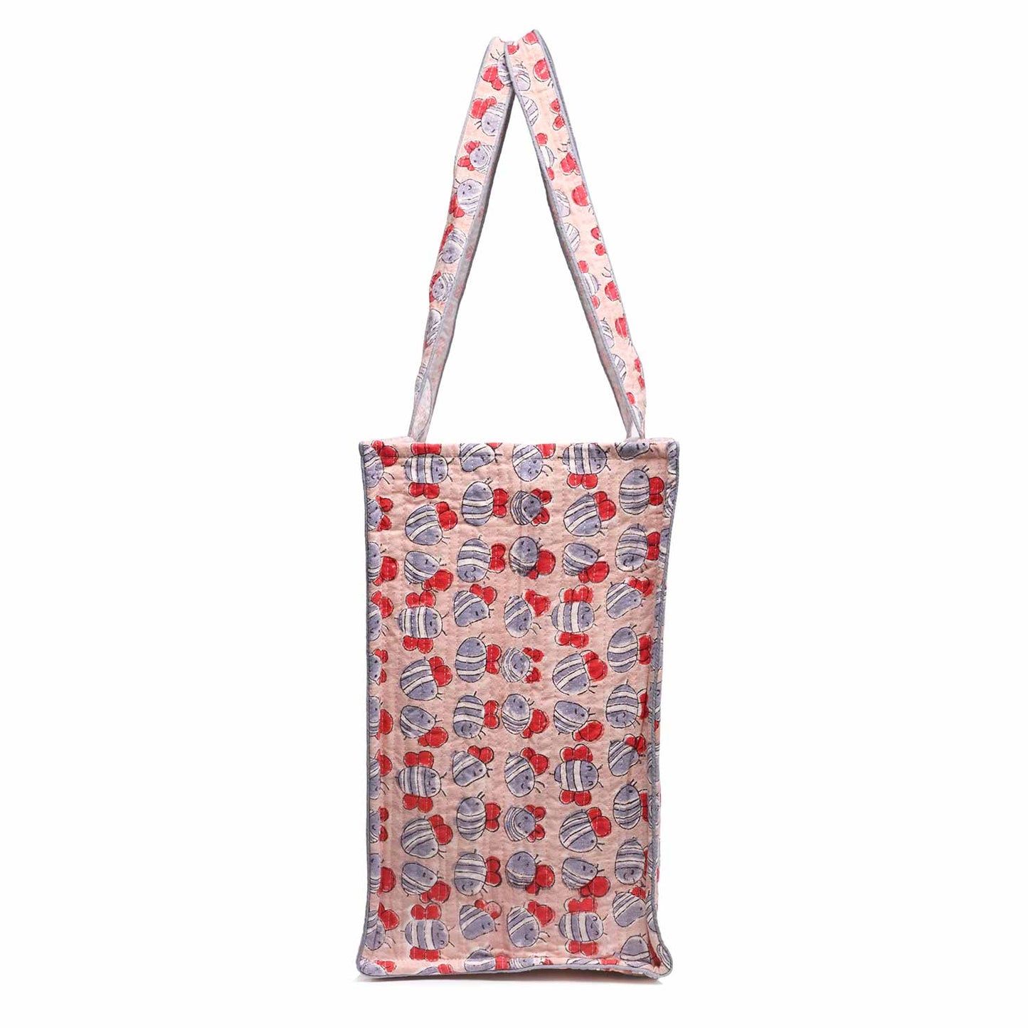 HONEY BEE PEACH HAND BLOCK COTTON PRINTED QUILTED TOTE BAG