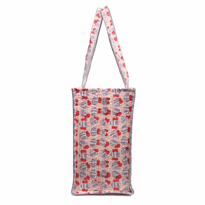 HONEY BEE PEACH HAND BLOCK COTTON PRINTED QUILTED TOTE BAG