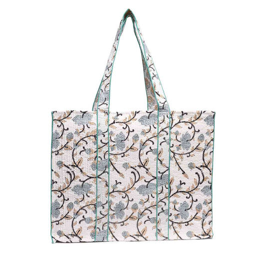 WHITE BEETLE JAAL BLOCK PRINTED QUILTED TOTE BAG