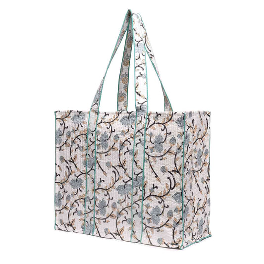 WHITE BEETLE JAAL BLOCK PRINTED QUILTED TOTE BAG