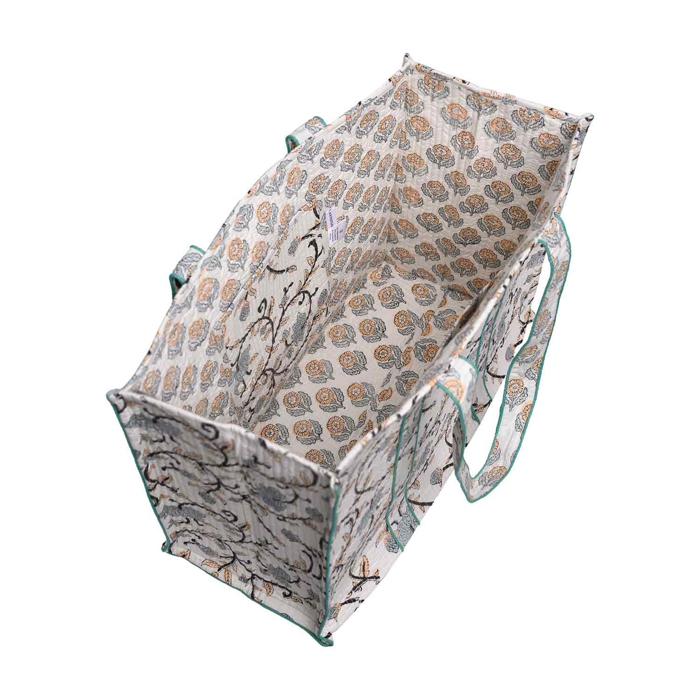 WHITE BEETLE JAAL BLOCK PRINTED QUILTED TOTE BAG