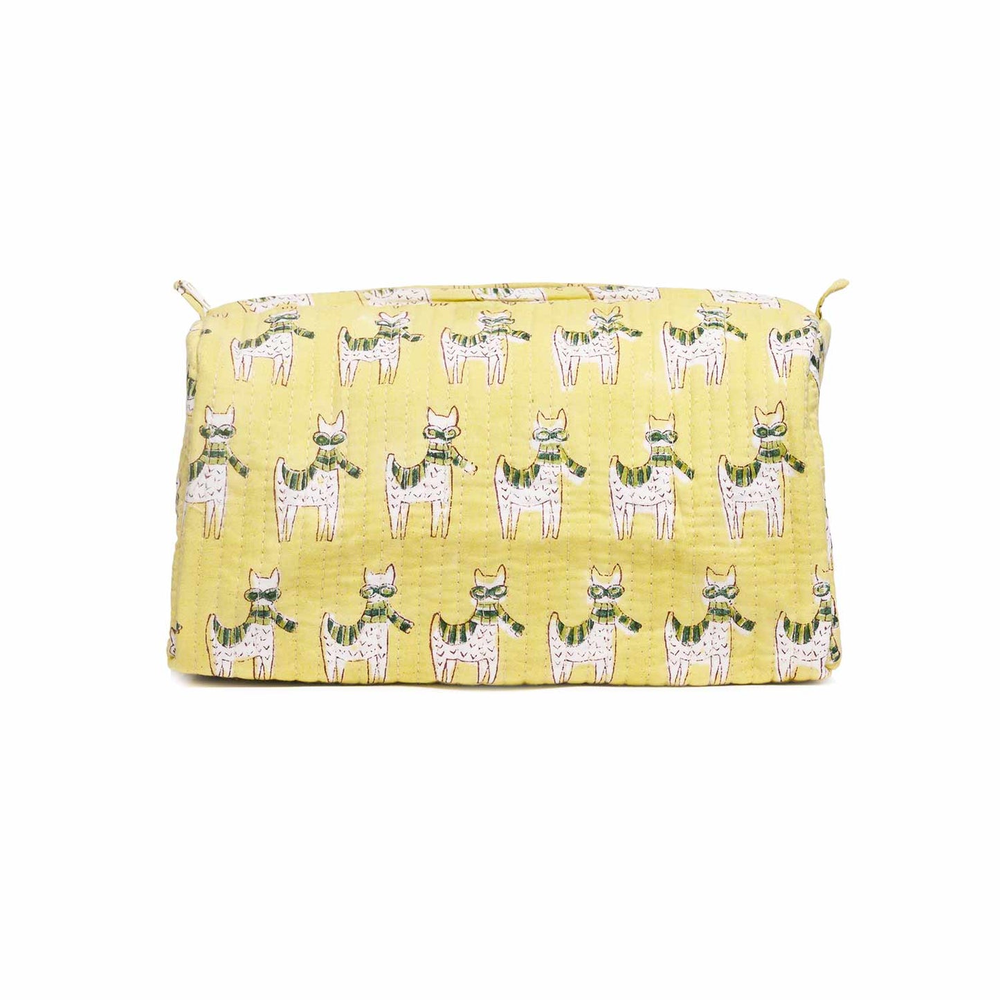MOON WALK CAT YELLOW HAND BLOCK COTTON PRINTED QUILTED TOILETRY POUCH