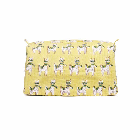 MOON WALK CAT YELLOW HAND BLOCK COTTON PRINTED QUILTED TOILETRY POUCH