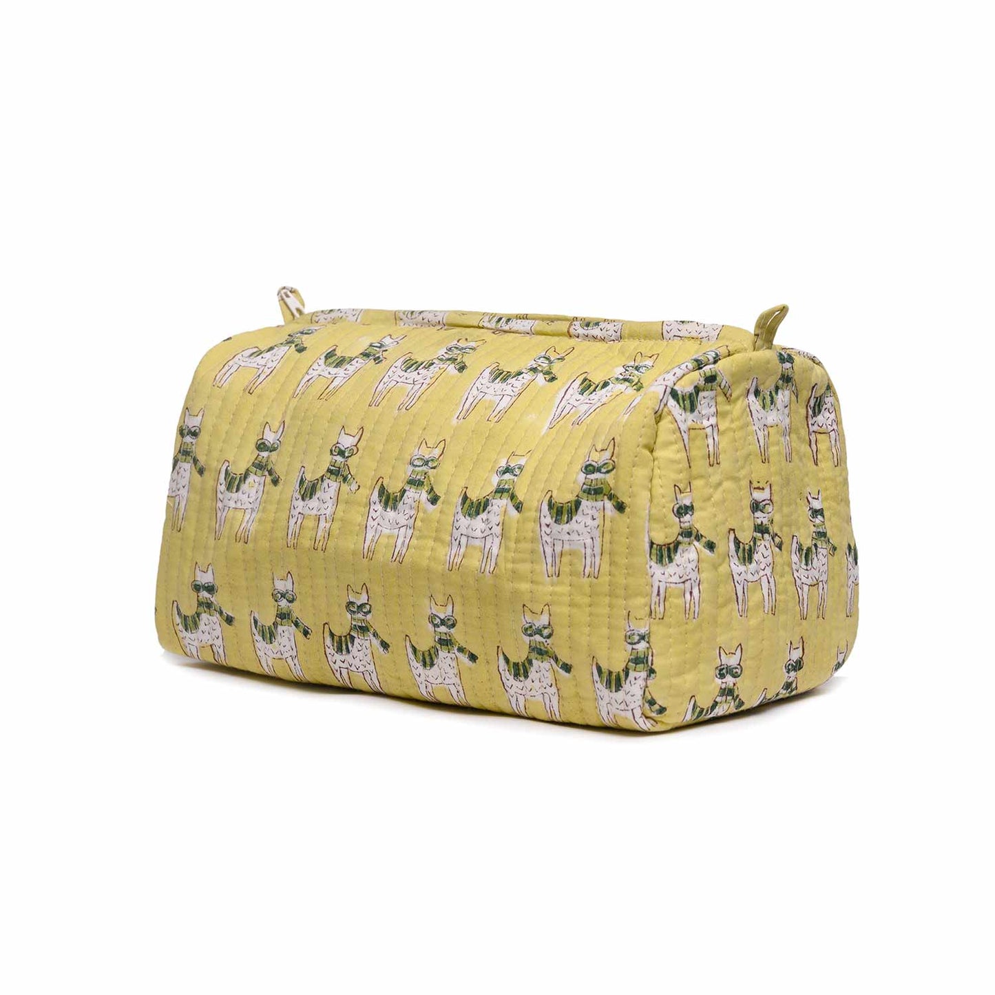 MOON WALK CAT YELLOW HAND BLOCK COTTON PRINTED QUILTED TOILETRY POUCH