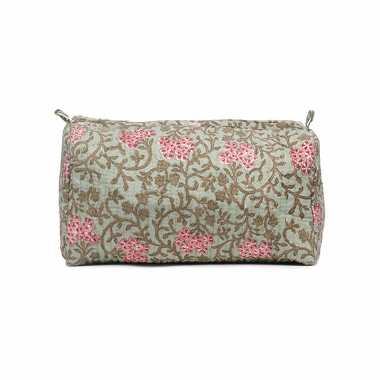 GREEN FLOWER HAND BLOCK COTTON PRINTED QUILTED TOILETRY POUCH
