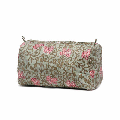 GREEN FLOWER HAND BLOCK COTTON PRINTED QUILTED TOILETRY POUCH