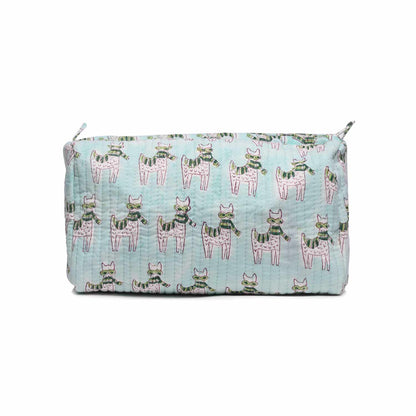 MOON WALK CAT BLUE HAND BLOCK COTTON PRINTED QUILTED TOILETRY POUCH