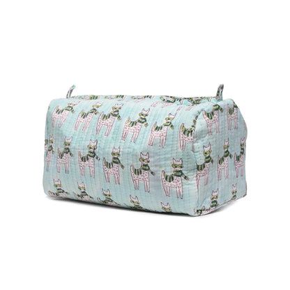 MOON WALK CAT BLUE HAND BLOCK COTTON PRINTED QUILTED TOILETRY POUCH