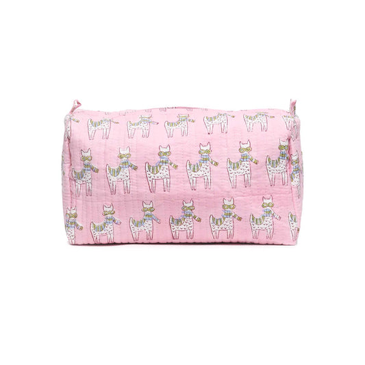 MOON WALK CAT PINK HAND BLOCK COTTON PRINTED QUILTED TOILETRY POUCH