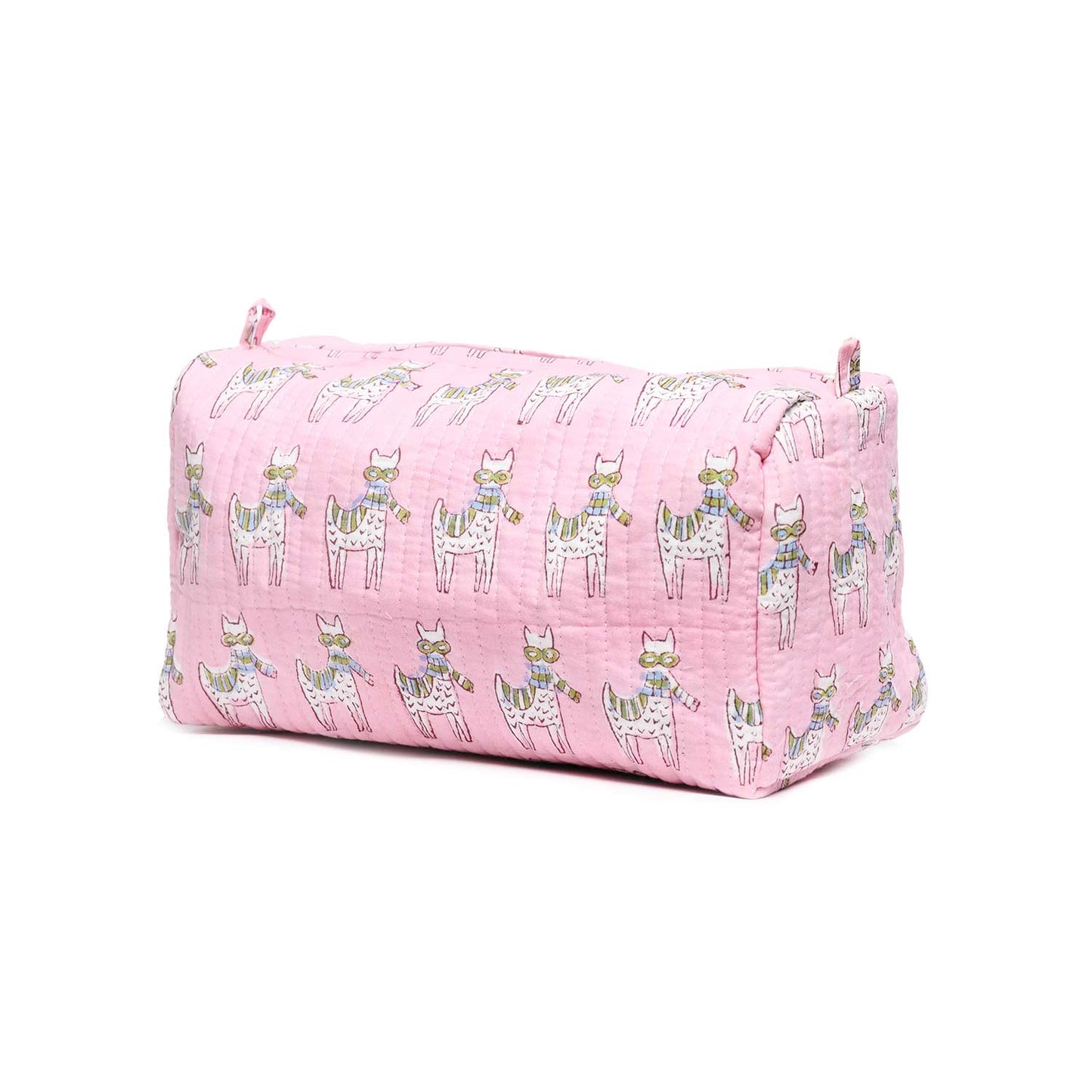 MOON WALK CAT PINK HAND BLOCK COTTON PRINTED QUILTED TOILETRY POUCH