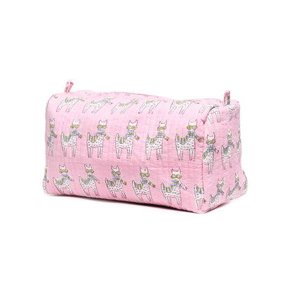 MOON WALK CAT PINK HAND BLOCK COTTON PRINTED QUILTED TOILETRY POUCH
