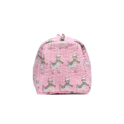 MOON WALK CAT PINK HAND BLOCK COTTON PRINTED QUILTED TOILETRY POUCH