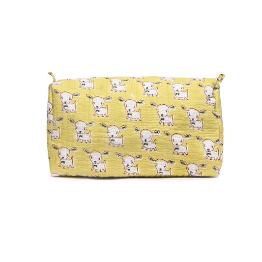 COW SHAPE HAND BLOCK PRINTED QUILTED TOILETRY POUCH