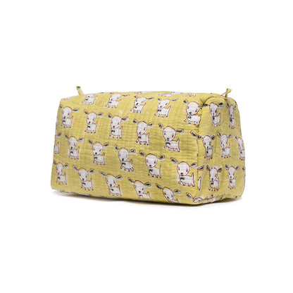 COW SHAPE HAND BLOCK PRINTED QUILTED TOILETRY POUCH