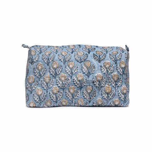 GREY FLOWER BUTTA HAND BLOCK COTTON PRINTED QUILTED TOILETRY POUCH