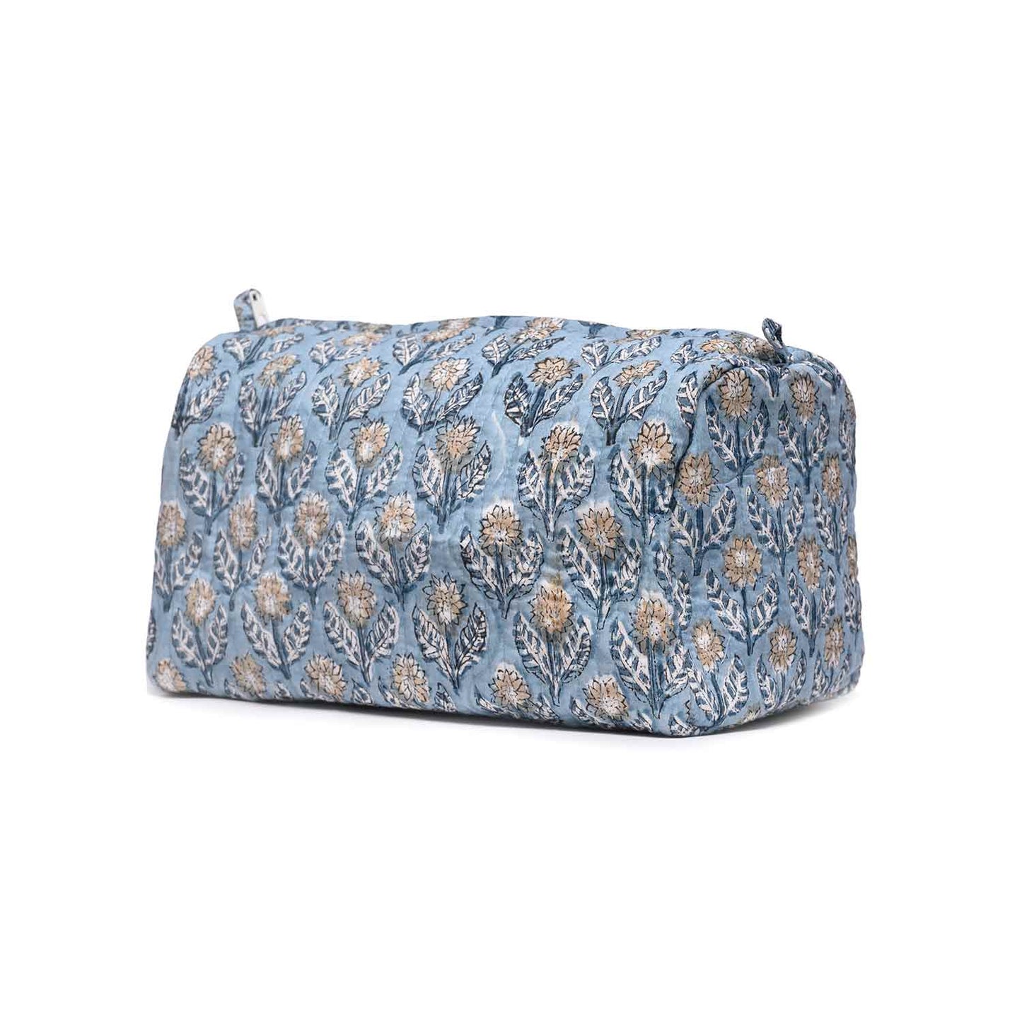 GREY FLOWER BUTTA HAND BLOCK COTTON PRINTED QUILTED TOILETRY POUCH