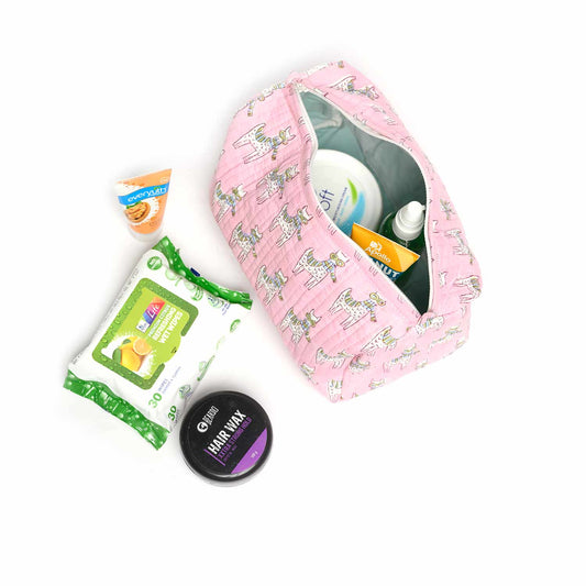 MOON WALK CAT PINK HAND BLOCK COTTON PRINTED QUILTED TOILETRY POUCH