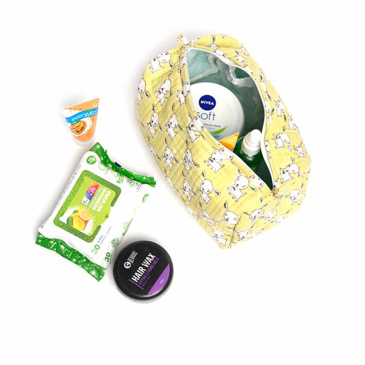 COW SHAPE HAND BLOCK PRINTED QUILTED TOILETRY POUCH