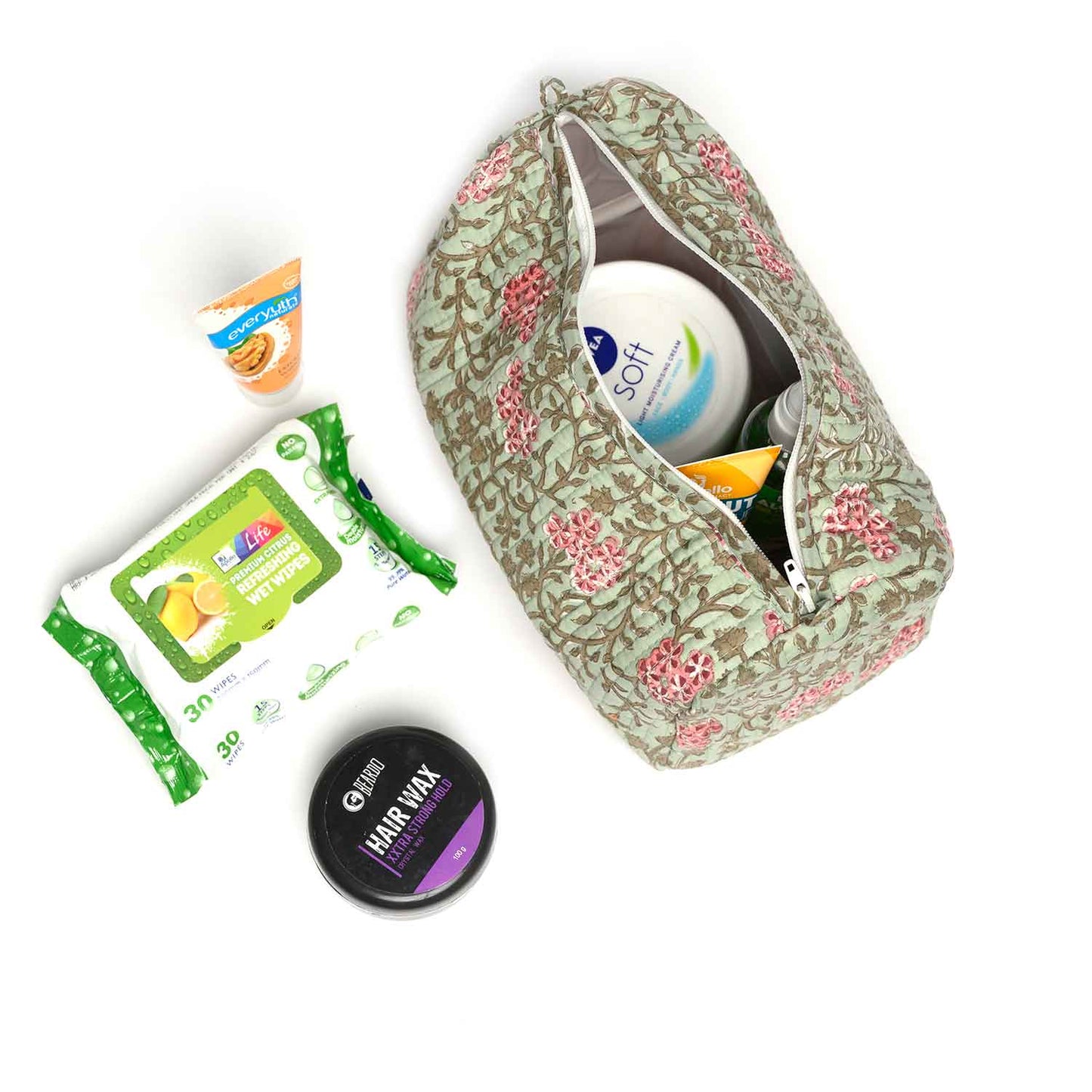 GREEN FLOWER HAND BLOCK COTTON PRINTED QUILTED TOILETRY POUCH