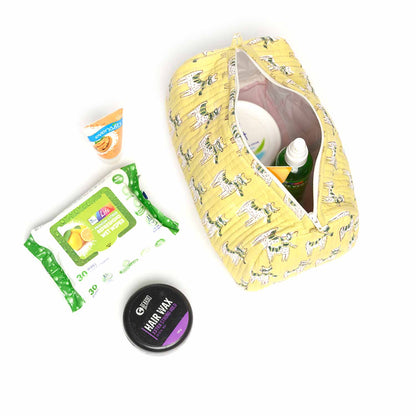 MOON WALK CAT YELLOW HAND BLOCK COTTON PRINTED QUILTED TOILETRY POUCH