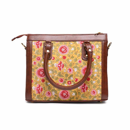 Hand Block Cotton Printed Tote Bag with Vegan Leather