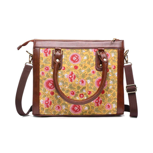 Hand Block Cotton Printed Tote Bag with Vegan Leather