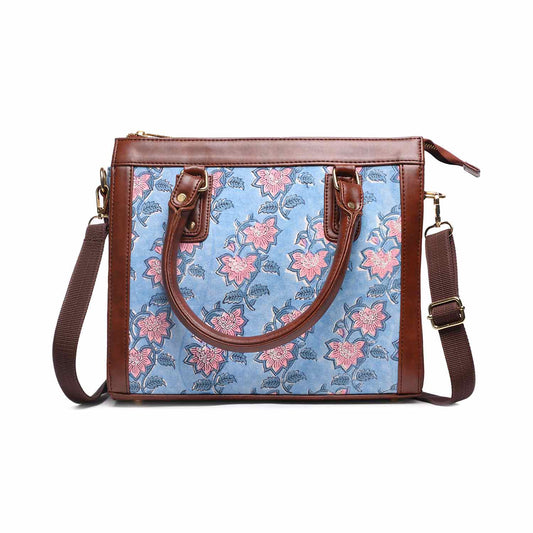 Hand Block Cotton Printed Tote Bag with Vegan Leather