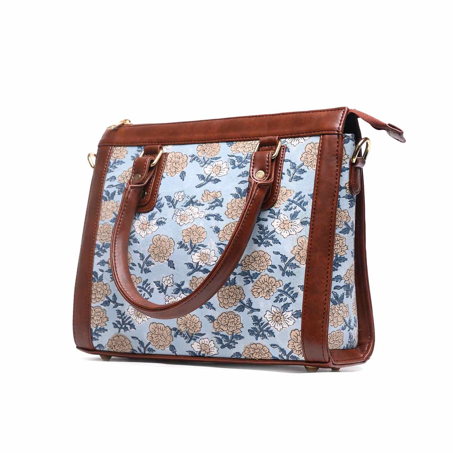 Hand Block Cotton Printed Tote Bag with Vegan Leather