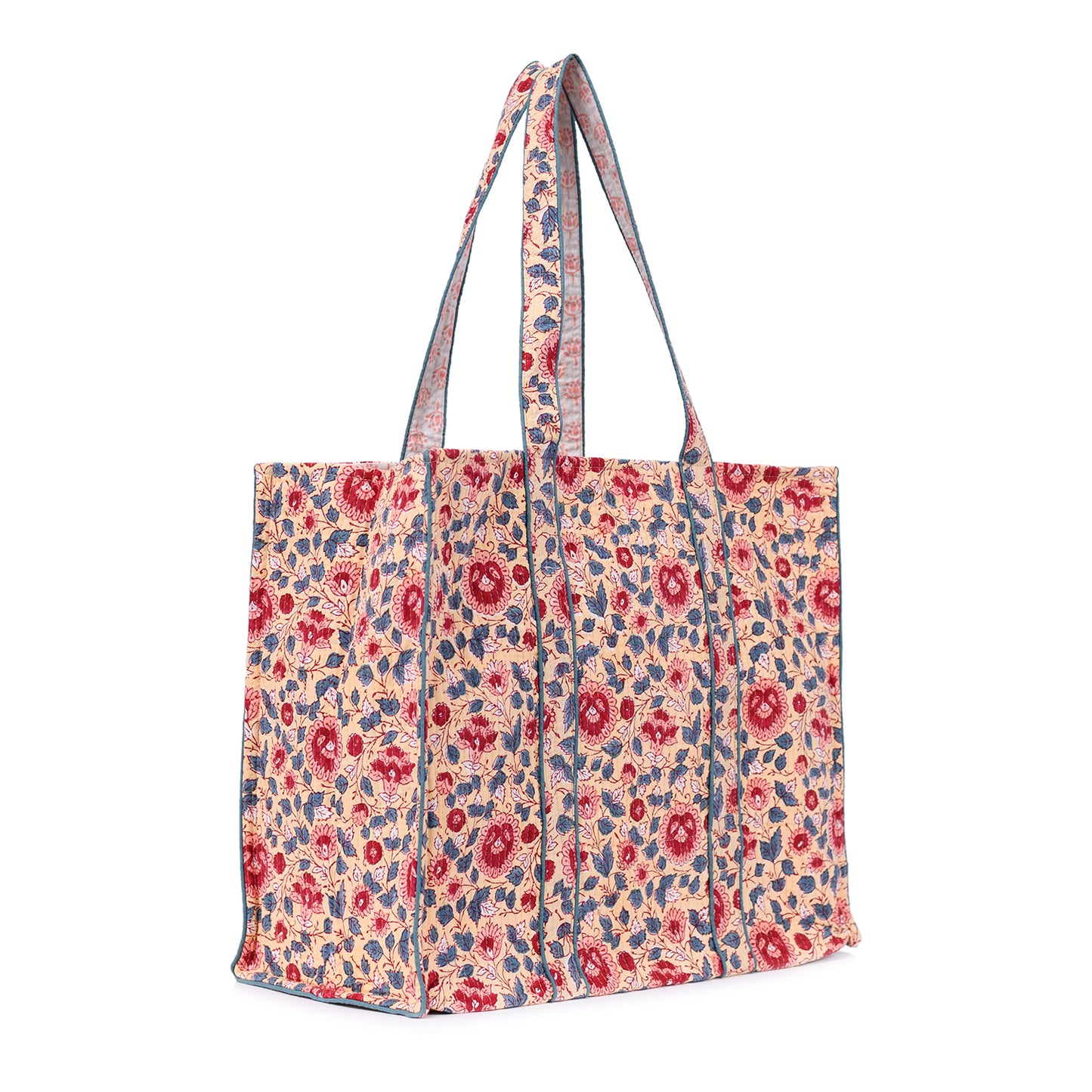 BLOSSOMING ROSES IN SWELTERING HAND BLOCK COTTON PRINTED QUILTED TOTE BAG