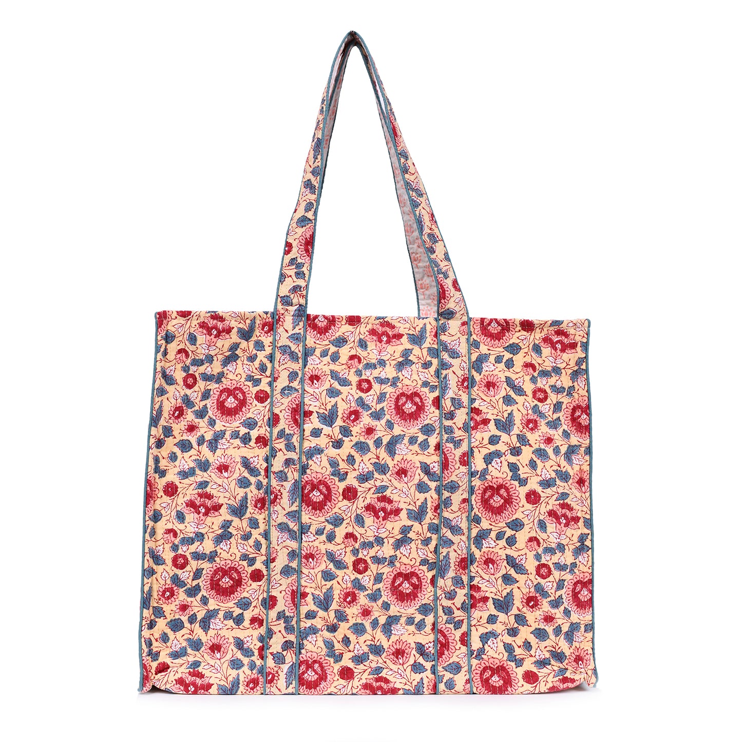 BLOSSOMING ROSES IN SWELTERING HAND BLOCK COTTON PRINTED QUILTED TOTE BAG