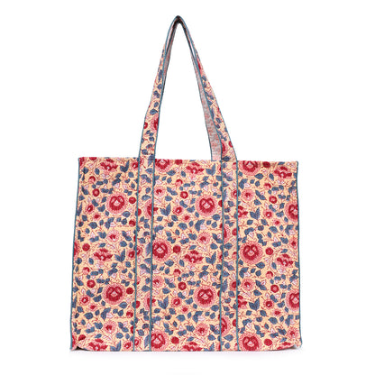 BLOSSOMING ROSES IN SWELTERING HAND BLOCK COTTON PRINTED QUILTED TOTE BAG