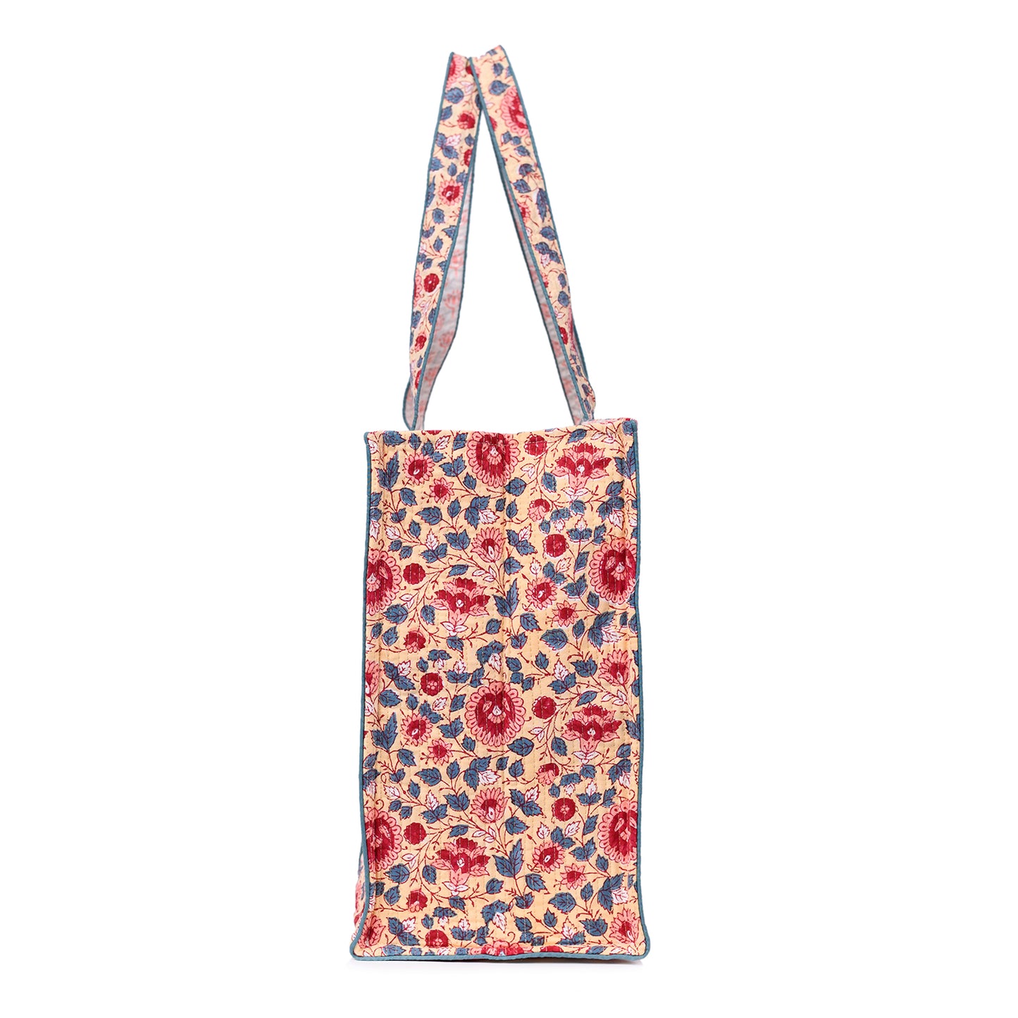 BLOSSOMING ROSES IN SWELTERING HAND BLOCK COTTON PRINTED QUILTED TOTE BAG