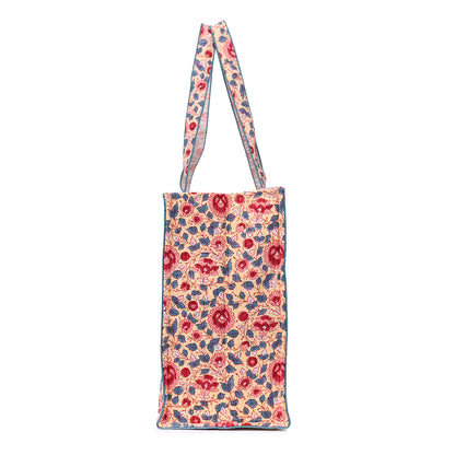 BLOSSOMING ROSES IN SWELTERING HAND BLOCK COTTON PRINTED QUILTED TOTE BAG