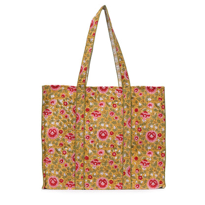 BLOSSOMING ROSES IN BASANT HAND BLOCK COTTON PRINTED QUILTED TOTE BAG