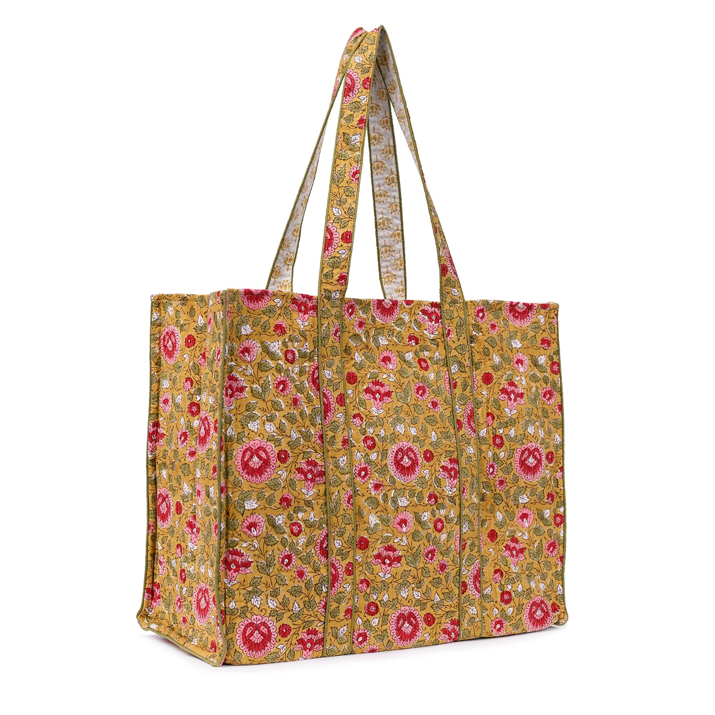 BLOSSOMING ROSES IN BASANT HAND BLOCK COTTON PRINTED QUILTED TOTE BAG