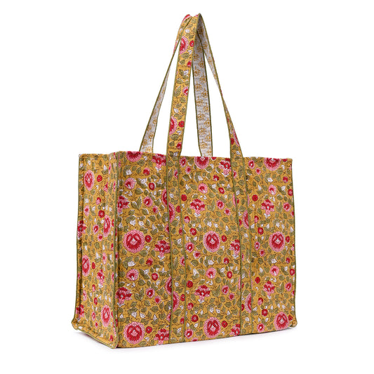 BLOSSOMING ROSES IN BASANT HAND BLOCK COTTON PRINTED QUILTED TOTE BAG