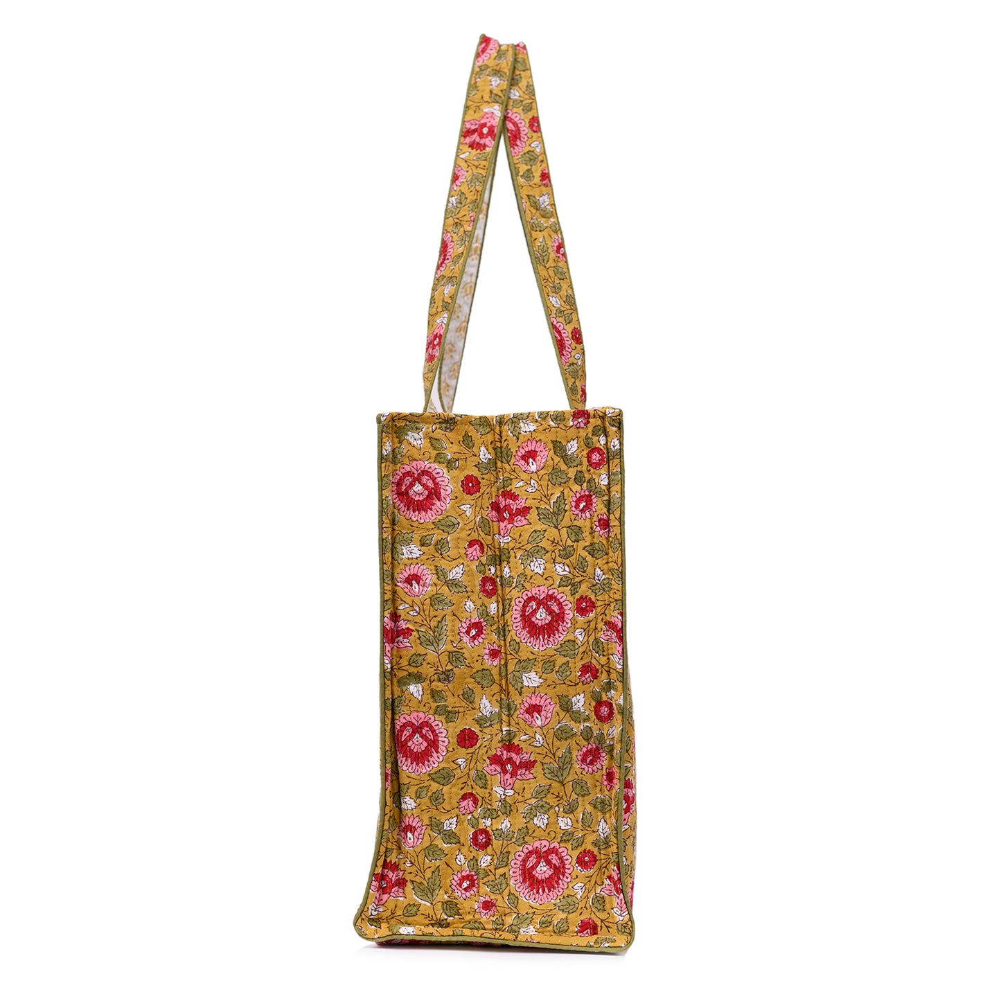 BLOSSOMING ROSES IN BASANT HAND BLOCK COTTON PRINTED QUILTED TOTE BAG