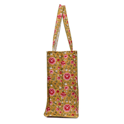 BLOSSOMING ROSES IN BASANT HAND BLOCK COTTON PRINTED QUILTED TOTE BAG