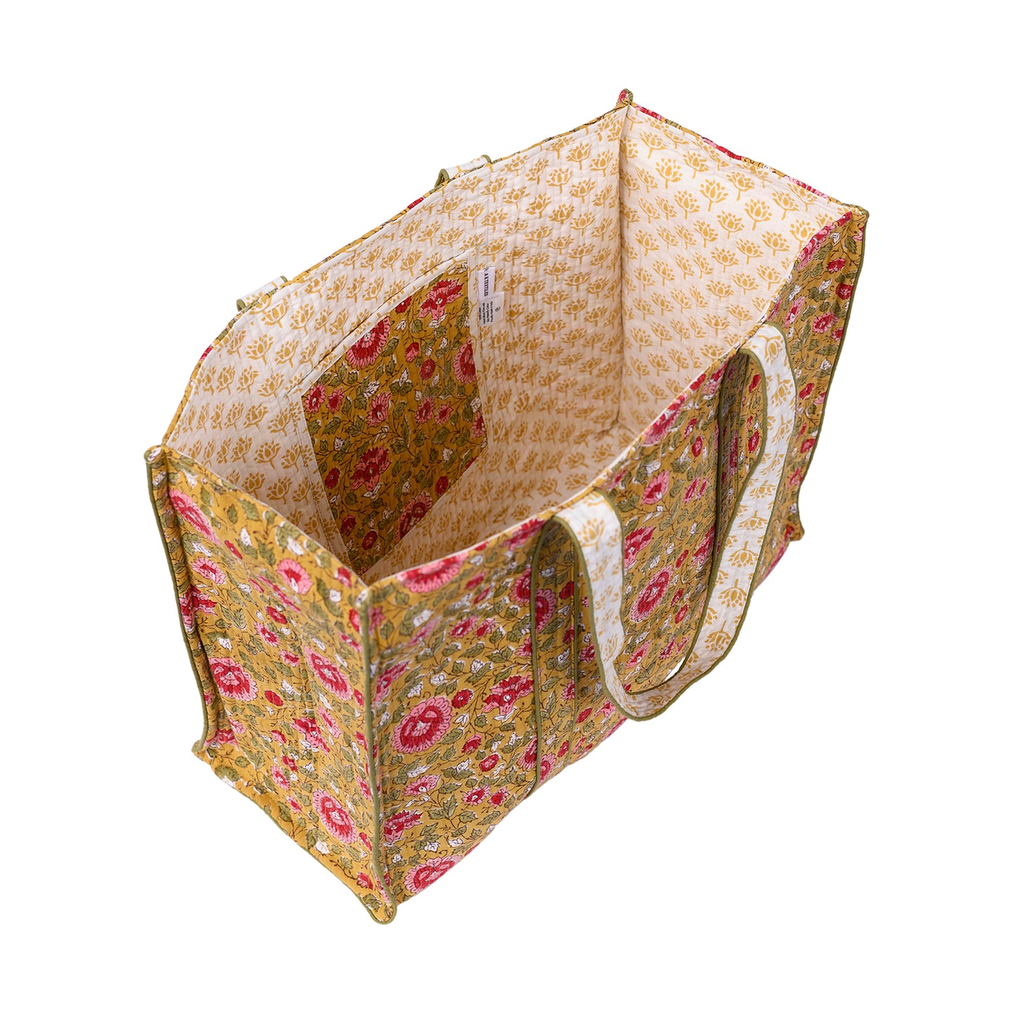 BLOSSOMING ROSES IN BASANT HAND BLOCK COTTON PRINTED QUILTED TOTE BAG